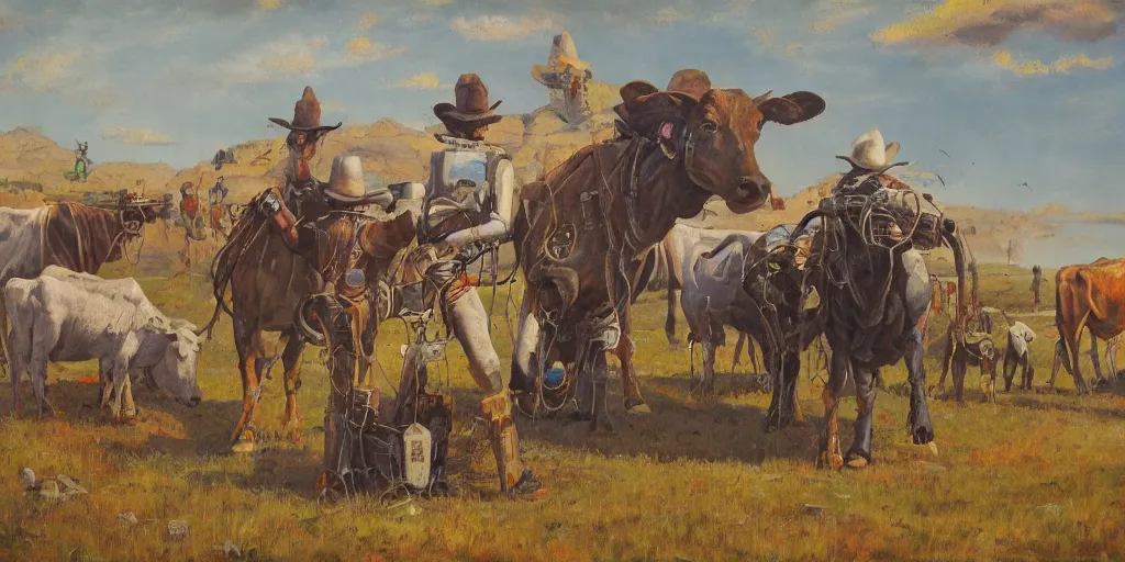 Prompt: Robot cowboys settling in for the night after a long day herding alien cows, old west landscape oil paint on canvas