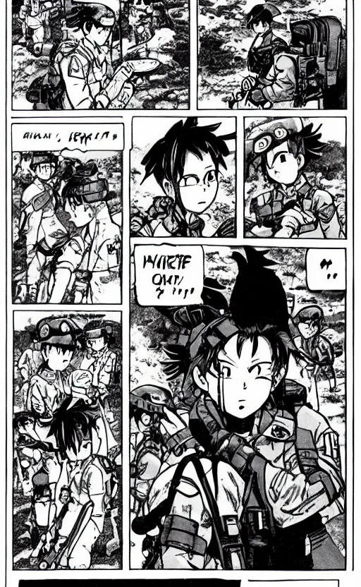 Prompt: manga, monochromatic, toriyama akira, a soldier girl character talking to a comrade about the rations, soldier clothing