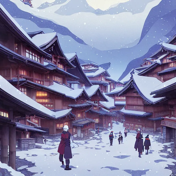 Image similar to empty japanese mountain city, winter, in the style of studio ghibli, j. c. leyendecker, greg rutkowski, artem
