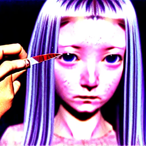 Image similar to 1971 still from a film of a portrait of a morbid 18 year old young woman wearing a dress of the soft aesthetic with wavy long hair, queen of sharp razorblades holds a single small sharp blade or a razor her hand and shows it to the user, by Range Murata, Katsuhiro Otomo, Yoshitaka Amano.