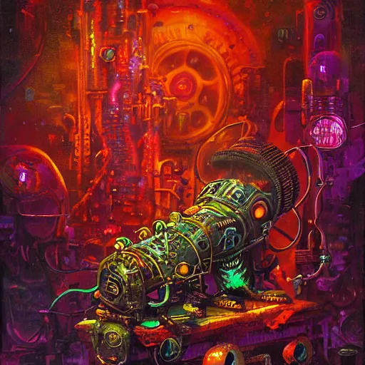 Image similar to steampunk rat, acid, 303, psychedelic, by paul lehr