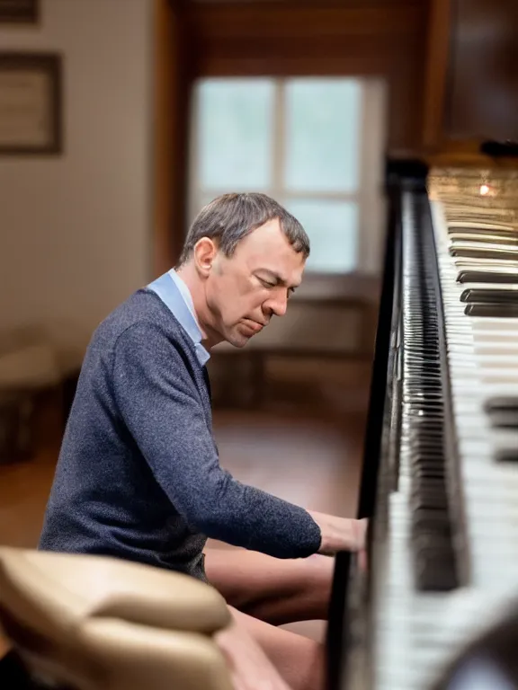 Image similar to 4K HD, high detail photograph, shot with Sigma f/ 4.2 , 250 mm sharp lens, shallow depth of field : (subject= Serghei Rachmaninoff playing piano + subject detail= accurate body features, consistent, high detailed light refraction , high level texture render)