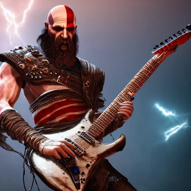 Prompt: sunglasses wearing ashen kratos rocking out on a stratocaster guitar, cinematic render, god of war 2 0 1 8, playstation studios official media, sunglasses, lightning