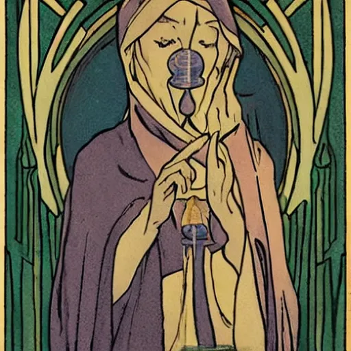 Image similar to a cloaked mage casting a magic spell from her hand toward an ice castle, art nouveau