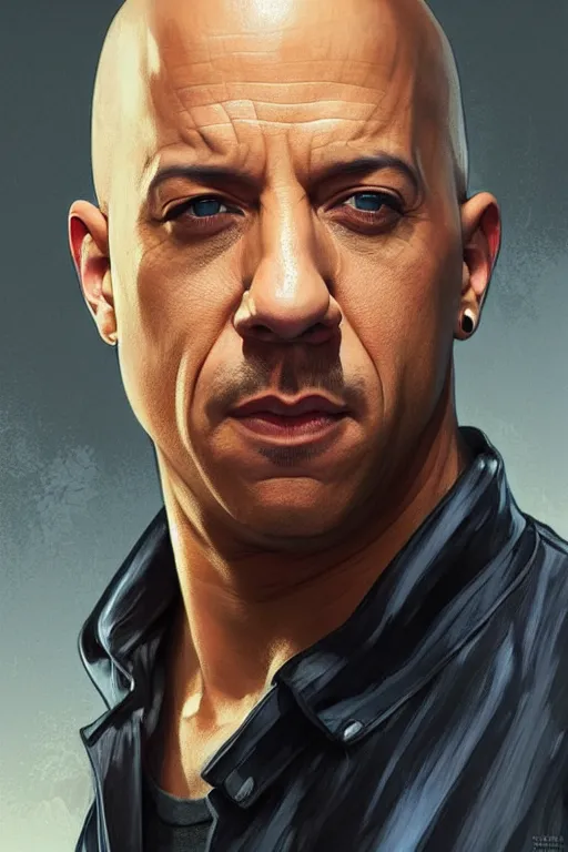 Image similar to vin diesel as walter white, realistic portrait, symmetrical, highly detailed, digital painting, artstation, concept art, smooth, sharp focus, illustration, cinematic lighting, art by artgerm and greg rutkowski and alphonse mucha