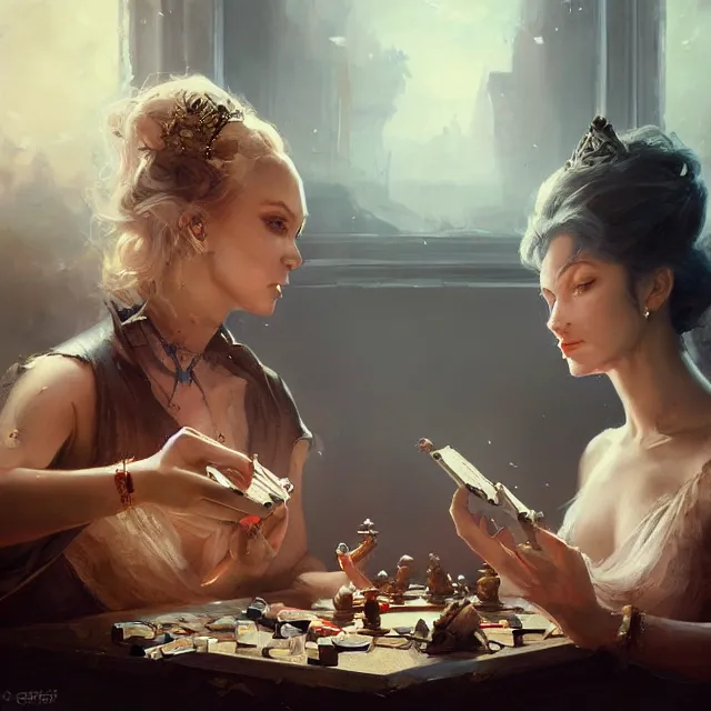 Prompt: a painting of two queens playing games by greg rutkowski, dark fantasy art, high detail, trending on artstation