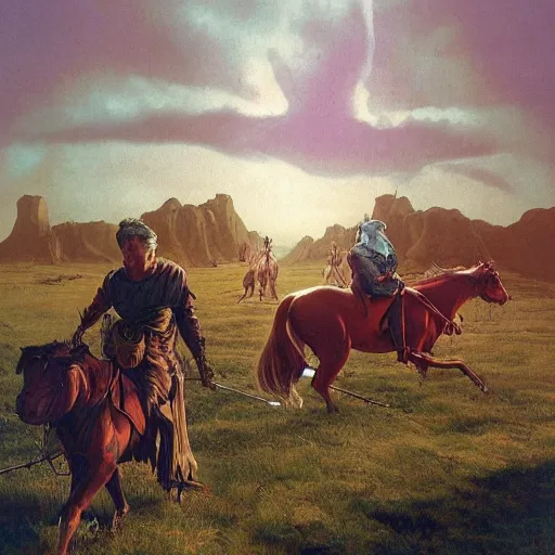 Image similar to group of 4 new adventurers, at a farm, morning, fantasy, d & d, wayne barlowe