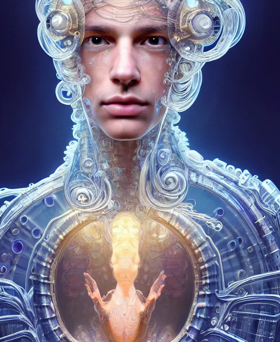 Prompt: intricate ornate opulent transparent clear see - through portrait of a cybernetic beautiful male alien sea slug, mottled coloring, adorable, childlike, apocalyptic environment, ultra realistic, concept art, art nouveau, photorealistic, octane render, 8 k, unreal engine. art by christopher marley and artgerm and greg rutkowski and alphonse mucha