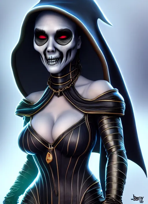 Image similar to Jessica Alba as Lady Death from coffin comics in the style of Dreamworks Animation Studios, CGIsociety, au naturel, hyper detailed, digital art, trending in artstation, cinematic lighting, studio quality, smooth render, unreal engine 5 rendered, octane rendered
