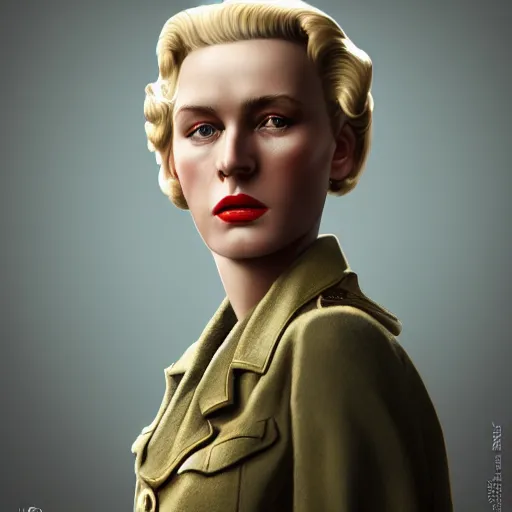 Prompt: A Hearts of Iron IV portrait of a blonde German actress with high cheekbones. Good bone structure. Dressed in 1940s style. Highly detailed, fine Art, high detail, great lighting, 8k resolution, masterpiece, concept art, illustration, clear eyes, painting oil on canvas, octane render, HDR, trending on artstation, 4k, 8k, HD