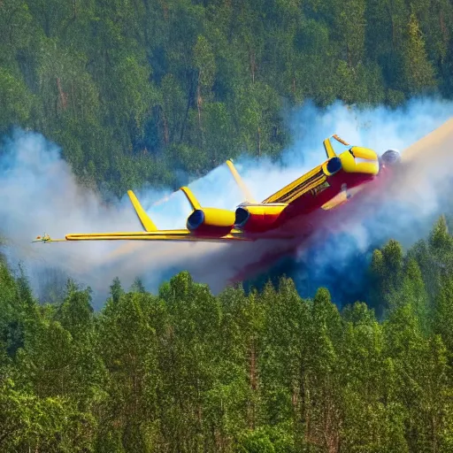 Prompt: a antonov airplane ( with yellow and red paint like a fire plane ) extinguishing a forest fire with absurd amounts of water, artistic photo