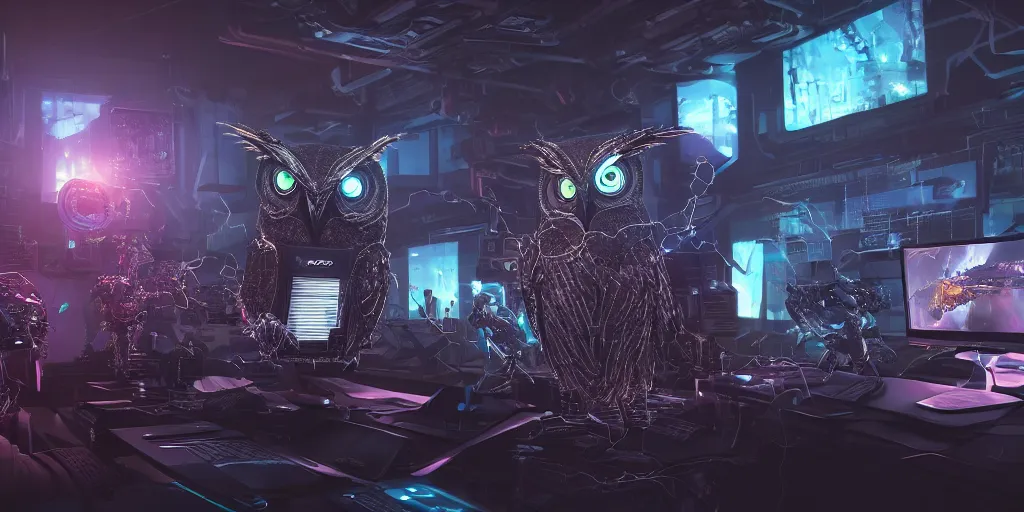 Image similar to an giant evil, malevolent, cyborg owls looking at a computer, surrounded by computer screens. this 4 k hd image is trending on artstation, featured on behance, well - rendered, extra crisp, features intricate detail and the style of unreal engine. volumetric lighting octane render