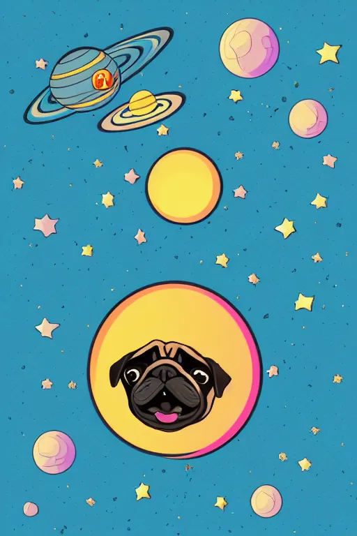 Image similar to planet pug floating in space, art by brian miller, sticker, colorful, illustration, highly detailed, simple, smooth and clean vector curves, no jagged lines, vector art, smooth