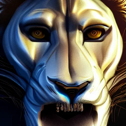 Prompt: Very very very very highly detailed epic zoom out photo of full face with lion robber venetian mask, intricate, dystopian, sci-fi, extremely detailed, digital painting, artstation, concept art, smooth, sharp focus, illustration, intimidating lighting, incredible art by Artgerm and Vincent di Fate