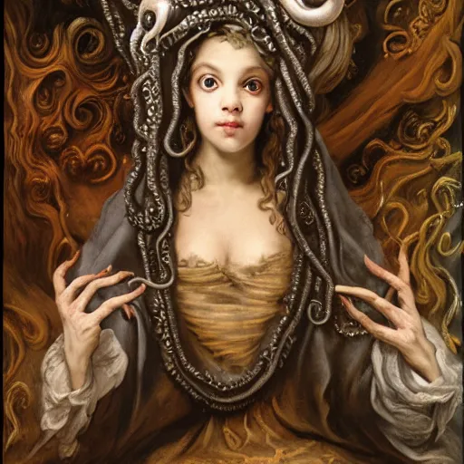 Prompt: lovecraftian cthulhu high priestess with tentacles and ornate robes portraiture matte painting by peregrino, tintoretto, van dyke, peter paul rubens, jean baptiste greuze, giovanni battista piazzetta, fayum, diego velazquez trending on artstation, highly detailed,