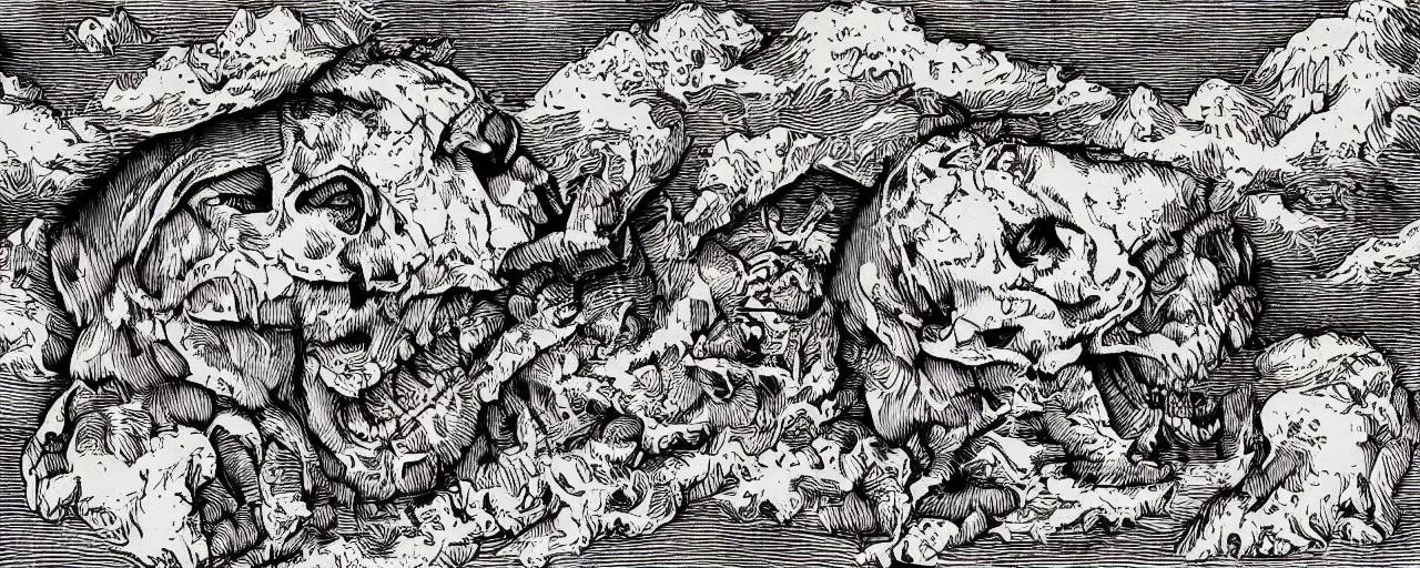 Prompt: Elaborate isometric wallpaper print of a Giant Tiger skull in the Sonora Desert landscape in the style of Albrecht Durer and Martin Schongauer, high contrast!! finely carved woodcut engraving black and white crisp edges