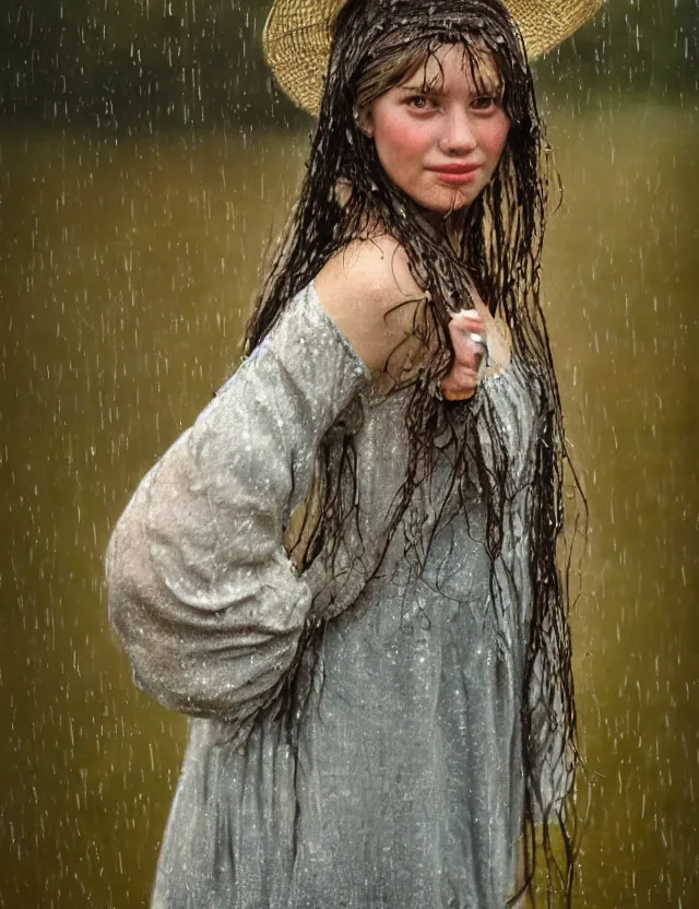 Image similar to wet long hair very beautiful happy peasant girl under the rain, without umbrella, country style, stones and lake background, portrait, Cinematic focus, Polaroid photo, vintage, neutral colors, soft lights, foggy, by Steve Hanks, by Serov Valentin, by lisa yuskavage, by Andrei Tarkovsky 8k render, detailed, oil on canvas