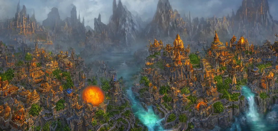 Prompt: highly detailed city Orgrimmar from world of warcraft by Tadao Ando and, reflective lighting, holographic, stylized vegetation, ground-level view, stunning sunny lighting, sunrise, foggy atmosphere, waterfalls, vivid colors, lights, in the style of pixar animation, trending on Artstation, 8k, matte painting, ray tracing, hyper detailed, unreal engine 5, cinematic, epic lighting, cryengine, octane render, cyberpunk, red and orange glow, vibrant