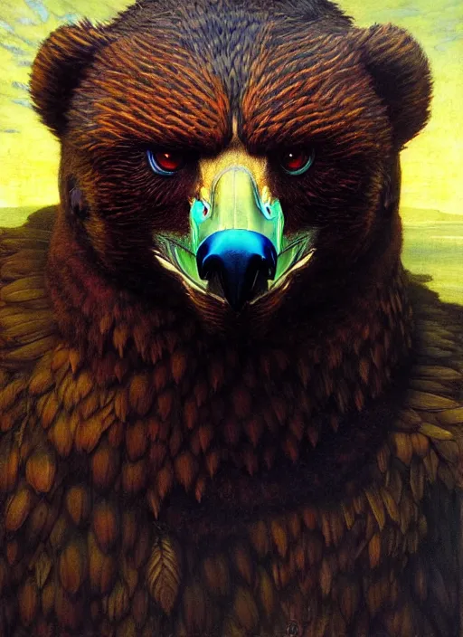 Prompt: falcon bear hybrid, extremely detailed portrait, dnd monsters, intricate fantasy painting, dramatic lighting, vivid colors, by edgar maxence and caravaggio and michael whelan.