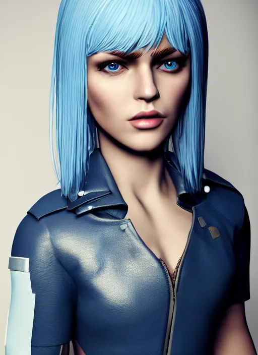 Prompt: Beautiful light blue haired model, navy leather female soldier outfit, blue leather soldier helmet, beautiful face, blue eyes, photo realistic, octane render, portrait, artstation, unreal engine