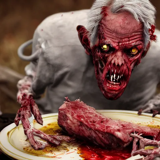 Image similar to an ultra realistic 8 k hdr photo of an elderly haggered raggedy zombie vampire eats a plate of skin and meat and blood and bones and tendons scary picture