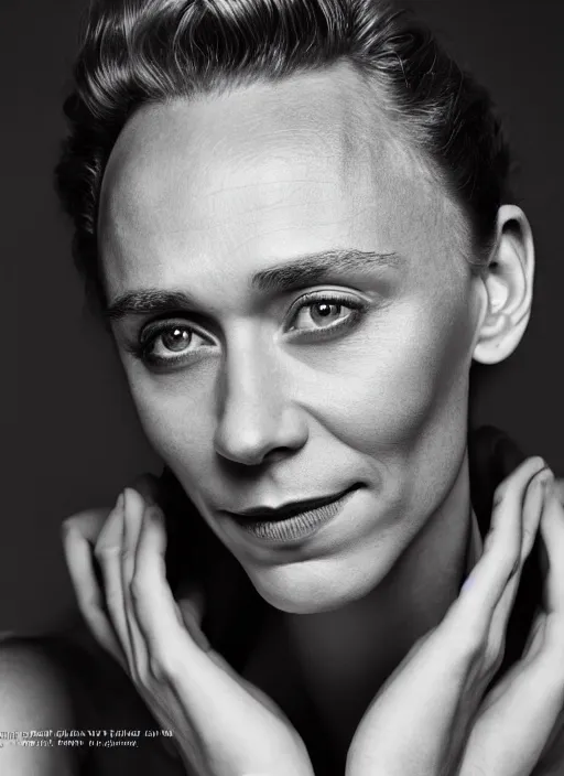 Image similar to portrait of beautiful female tom hiddleston by mario testino, headshot, detailed, award winning, sony a 7 r