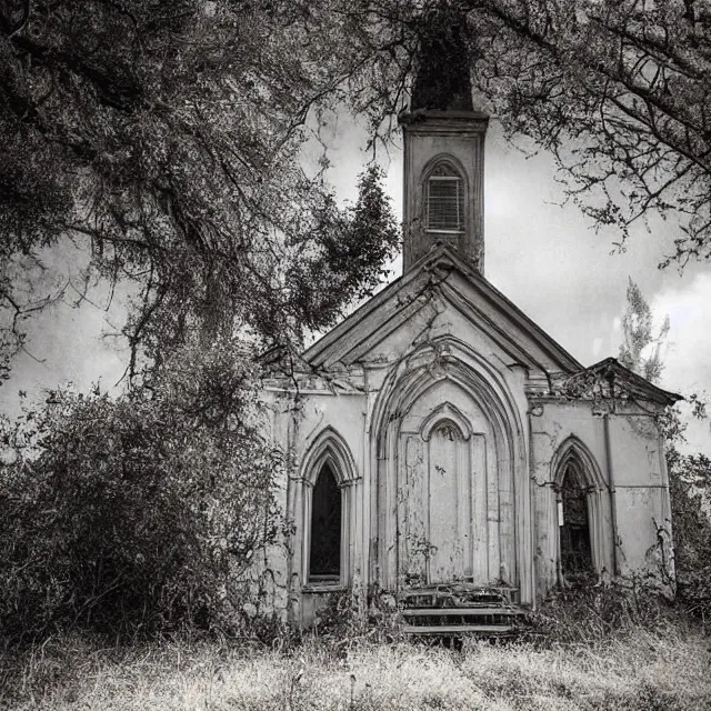 Prompt: infrared photograph of an abandoned church with overgrown vegetation, exterior, vintage photograph