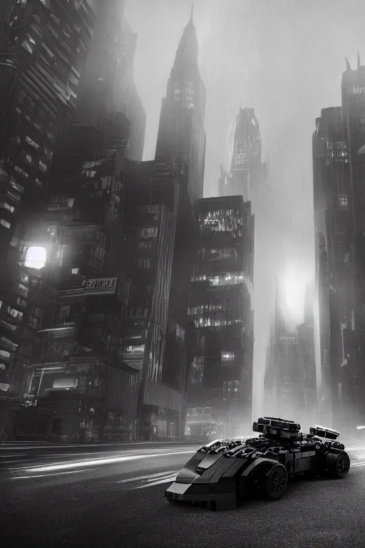 Image similar to the lego batmobile driving through gotham city at night. fluorescent light. pov from behind the wheel. octane render. 8 k. monochrome. black and white. mist. atmospheric. cinematic. hdr, raytracing, global illumination. a matte painting by ash thorp.