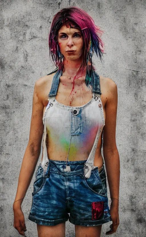 Image similar to grungy woman, rainbow hair, soft eyes and narrow chin, dainty figure, wet t-shirt, torn overalls, skimpy shorts, Sony a7R IV, symmetric balance, polarizing filter, Photolab, Lightroom, 4K, Dolby Vision, Photography Award