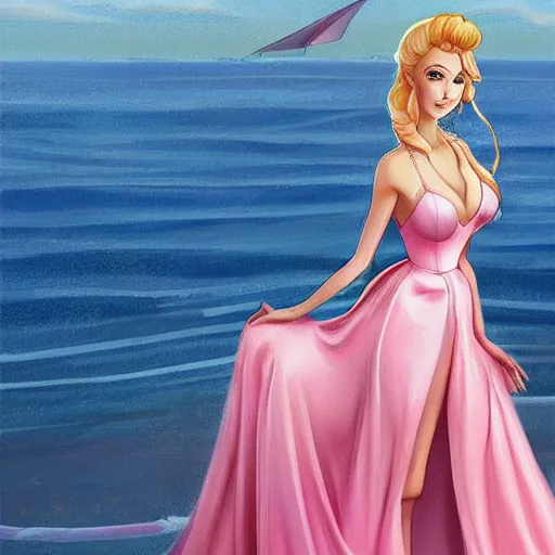 Prompt: beautiful princess peach in a skintight pink satin prom dress on the beach drawn by charlie bowater