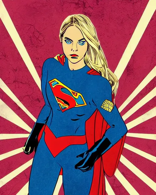 Prompt: high quality presentation digital print of a cara delevigne as supergirl, soviet propaganda style
