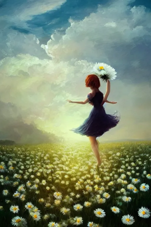 Image similar to veil of giant white daisy flower as head, girl dancing in a flower field, surreal photography, sunrise, dramatic light, impressionist painting, colorful clouds, digital painting, artstation, simon stalenhag