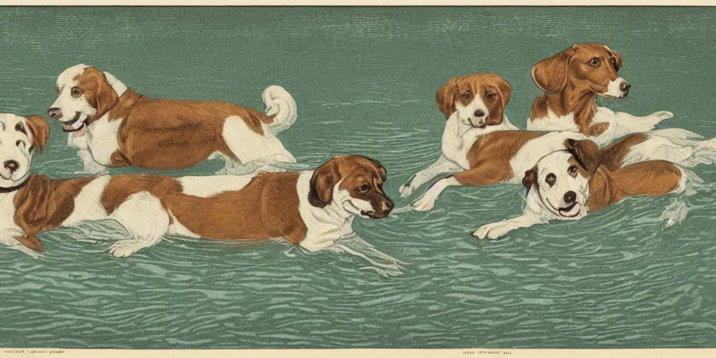 Image similar to a flat illustration of dogs swimming in a wide pool, vaudevillian, from 1890, detailed, vignette, high quality scan, yellowish, greenish