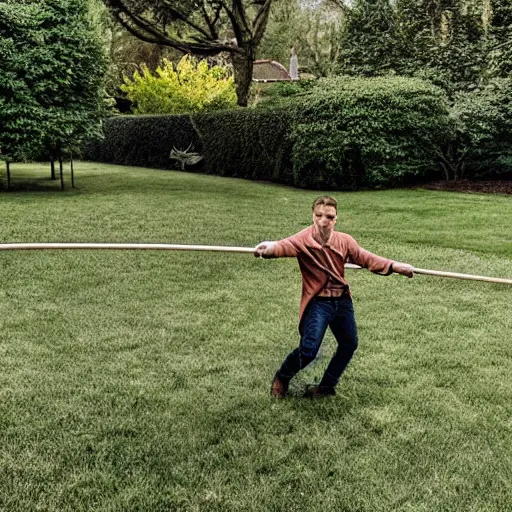 Image similar to man swinging a long horse whip around in the backyard, realistic photo