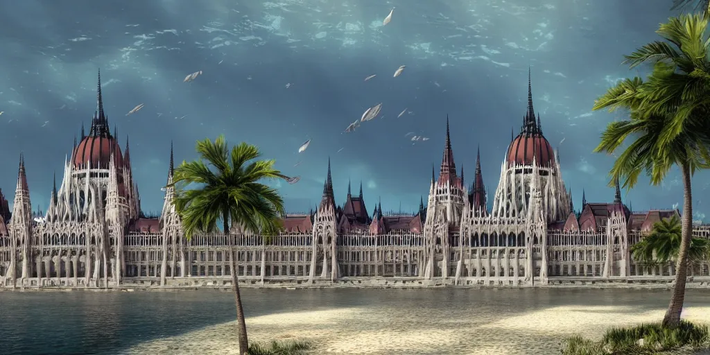 Image similar to matte painting of a hungarian parliament underwater-beach, palm trees behind, 4k, 8k, highly detailed, trending on ArtStation, CGSociety