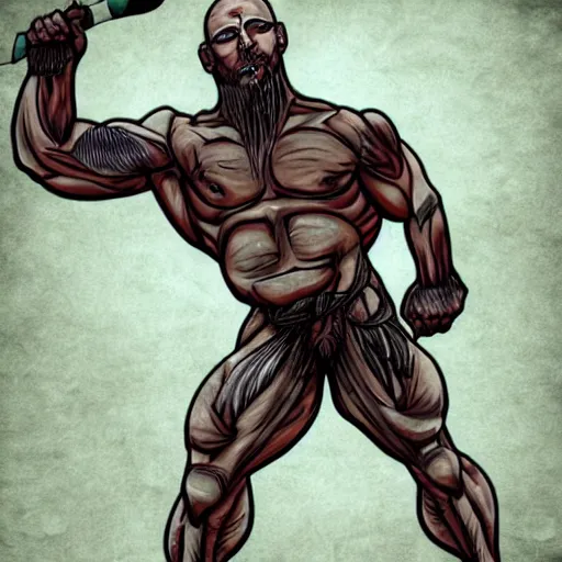 Image similar to muscular bald man, tattooed body, sword in hands, HD, anime style,