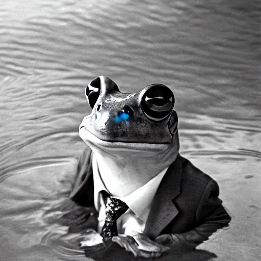 Image similar to An old photo of a sophisticated frog in a nice suit, he is chilling in a pool