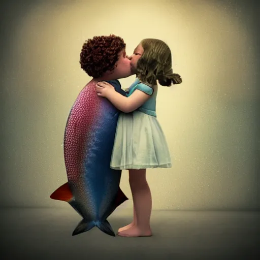 Prompt: the most beautiful little fat sweet girl is kissing a huge colorful cute fish. modern etching. colored print. hype realistic scene. old photography style. studio lighting. window. 3 d, octane render, deep focus, zbrush, white scene