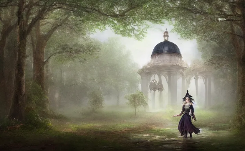 Prompt: A Neoclassical tower with dome on a magical gloomy mystical forest, the elf gothic princess is walking in this place. By Konstantin Razumov, Fractal flame, chiaroscuro, highly detailded