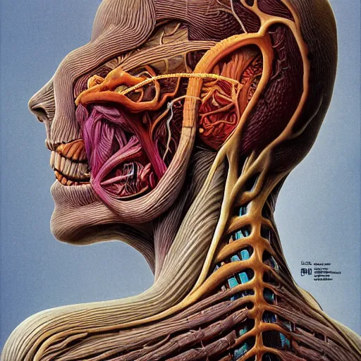 Image similar to nightmare etherreal iridescent vascular nerve bundles pearlescent spinal chord horror by naoto hattori, zdzislaw, norman rockwell, studio ghibli, anatomical cutaway