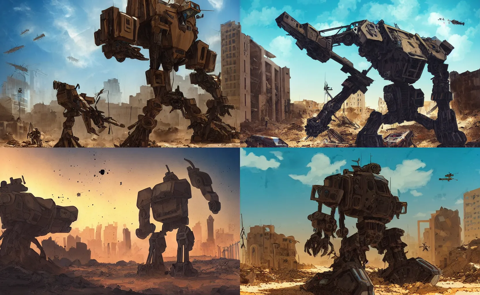 Prompt: a mech assaulted by guerilla soldiers in the ruins of a middle eastern city by ronan le fur, by dofresh, bright color scheme, deep blue sky, sand