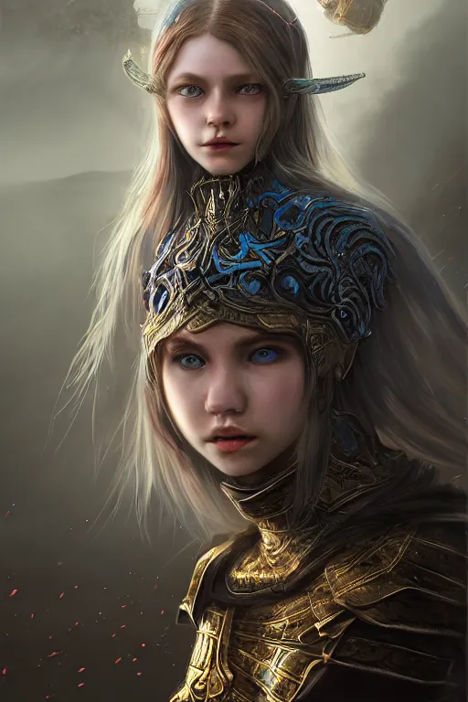 Prompt: vivid portrait of the young girl warrior with blue eyes by Wlop, in style of Dark Souls 3 and Elden Ring, fantasy matte painting, golden ratio, trending on cgsociety, cinematic, trending on artstation, highly detailed, vibrant