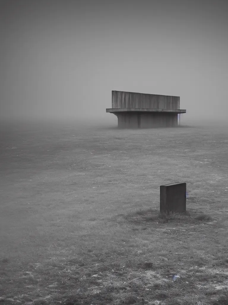 Image similar to High resolution black and white photograph with a 35 mm F/22.0 lens of a Brutalist architectural building alone in the middle of a Russian wasteland in the 1980s in the middle of nowhere while foggy.