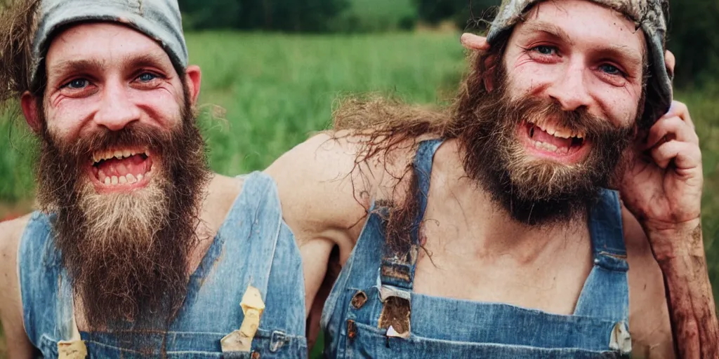 Image similar to extremely skinny malnourished redneck white male with long beard, wearing dirty overalls, dirty greasy face, grin, portrait, close up, kodak gold 2 0 0, 5 0 mm,