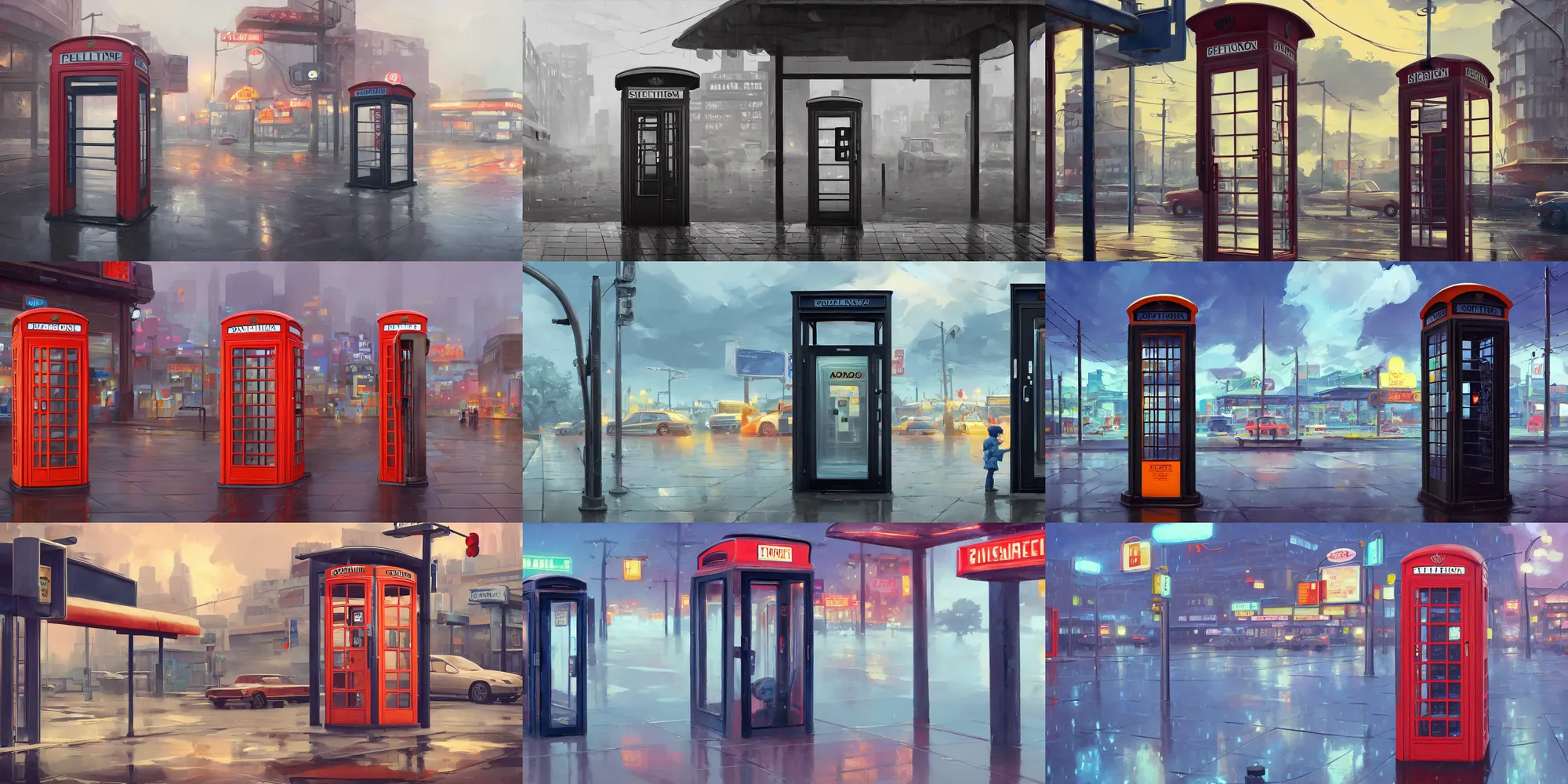 Prompt: panoramic view of a single phone booth on a rainy day, a 6 0 s gas station in the background, behance hd by jesper ejsing, by rhads, makoto shinkai and lois van baarle, ilya kuvshinov, rossdraws global illumination, 4 k artstation, unreal engine