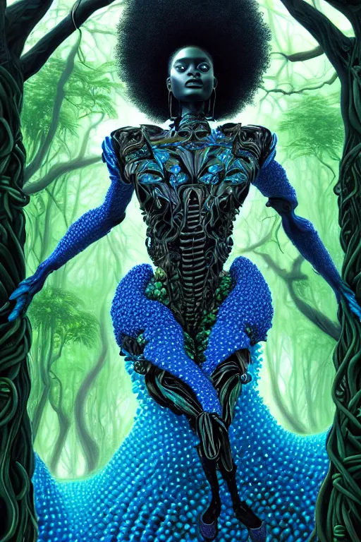 Image similar to hyperrealistic post - rococo super beautiful! black woman with exoskeleton armor, merging with tree in a forest, highly detailed digital art masterpiece smooth cam de leon hannah yata dramatic pearlescent blue teal light ground angle hd 8 k sharp focus