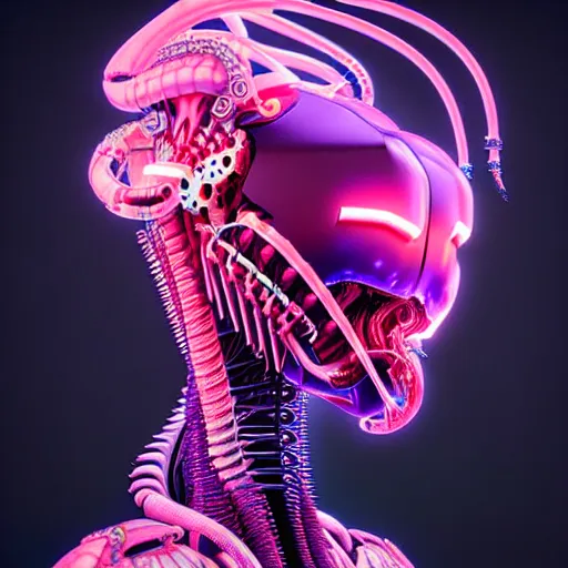 Prompt: half body portrait of an absurdly beautiful, graceful, sophisticated, asian cyberpunk mechanoid fashion idol, hyperdetailed photo by irakli nadar, maria borges, matt wisniewski style, intricate linework, neon jellyfish headdress, carved bone ruff, xenomorphic body suit, unreal engine 5 highly rendered, global illumination, radiant light, detailed and intricate environment