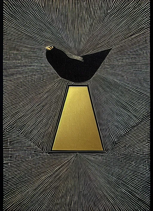 Image similar to black gold silver, crow portrait!!!!!, symmetrical, award - winning painting, abstract, gold and silver shapes, rectangles, geometry, elegant, luxurious, beautiful, pitch black background, dali