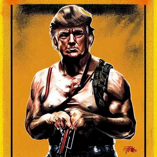 Image similar to trump as rambo, movie poster, digital art, drew struzan