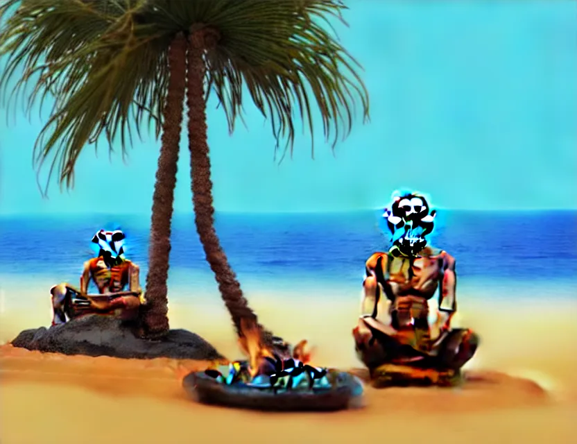 Prompt: gandhi at the beach sitting on the sand next to a campfire with palm trees in the back, big head art, 3 d close up profile portrait, concept artwork, 3 d render, official art, promotional art beautiful intricately detailed, 8 k,